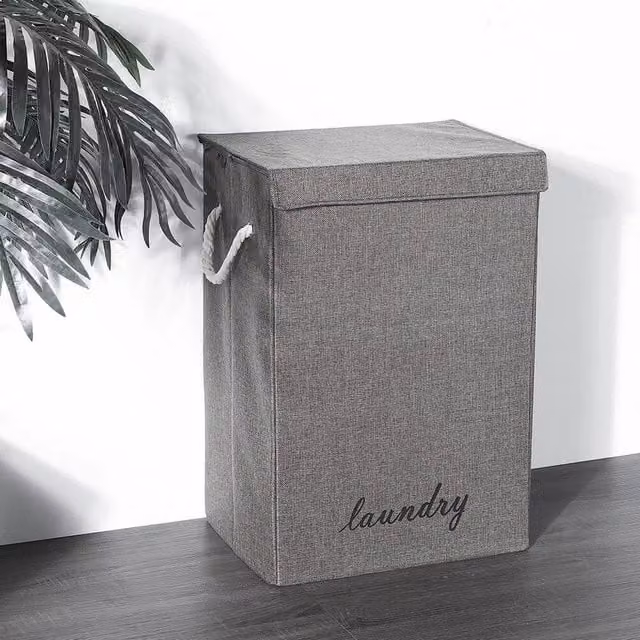 KORVIXA Grey Collapsible Laundry Basket with Lid, Height: 100 cm