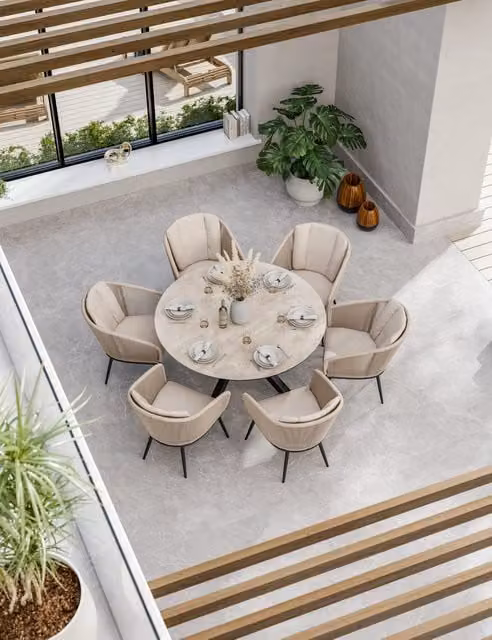Royalcraft Bali 6 Seater Round Dining Set with Ceramic Table and Powder Coated Aluminium Chairs in Beige Mix