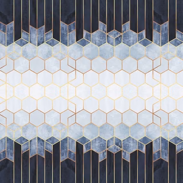 Blue and White Geometric Hexagon Art Deco Wall Mural
