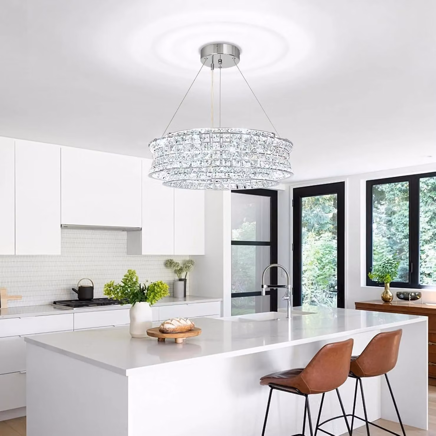 CGC Lighting Sasy Adjustable Chrome and Crystal Pendant Ceiling Light in Silver – 2