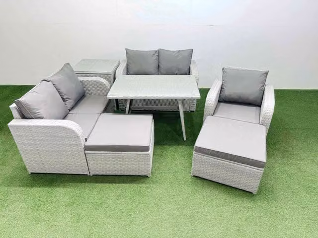 Fimous 7 Seater Rattan Garden Furniture Set with Love Sofa and Reclining Chairs in Light Grey