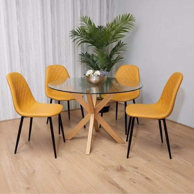 Kosy Koala Round Glass Dining Table Set with 4 Mustard Yellow Geometric Pattern Chairs