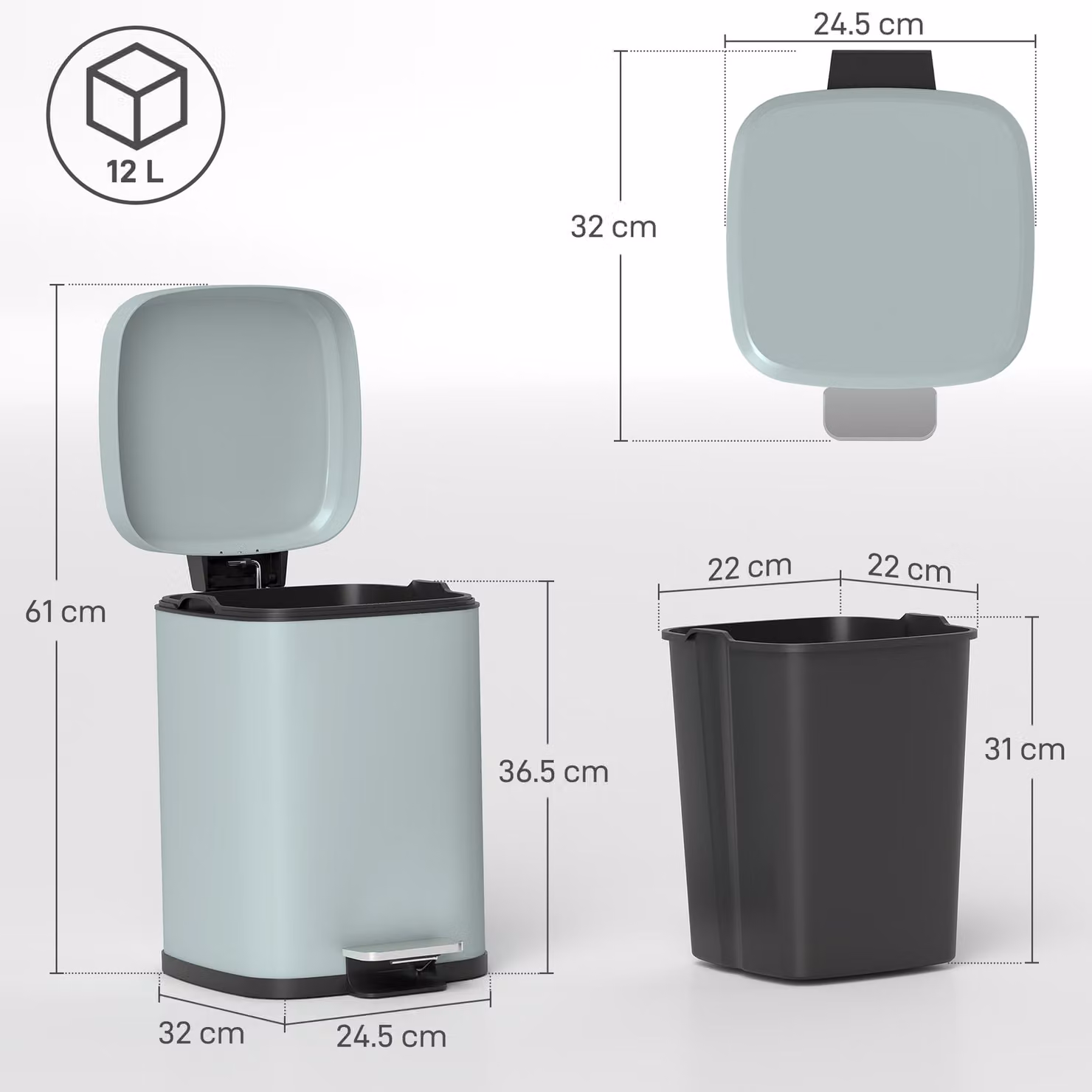HOMCOM 12 Litre Metal Pedal Bin with Soft-close Lid and Removable Inner Bucket – 3