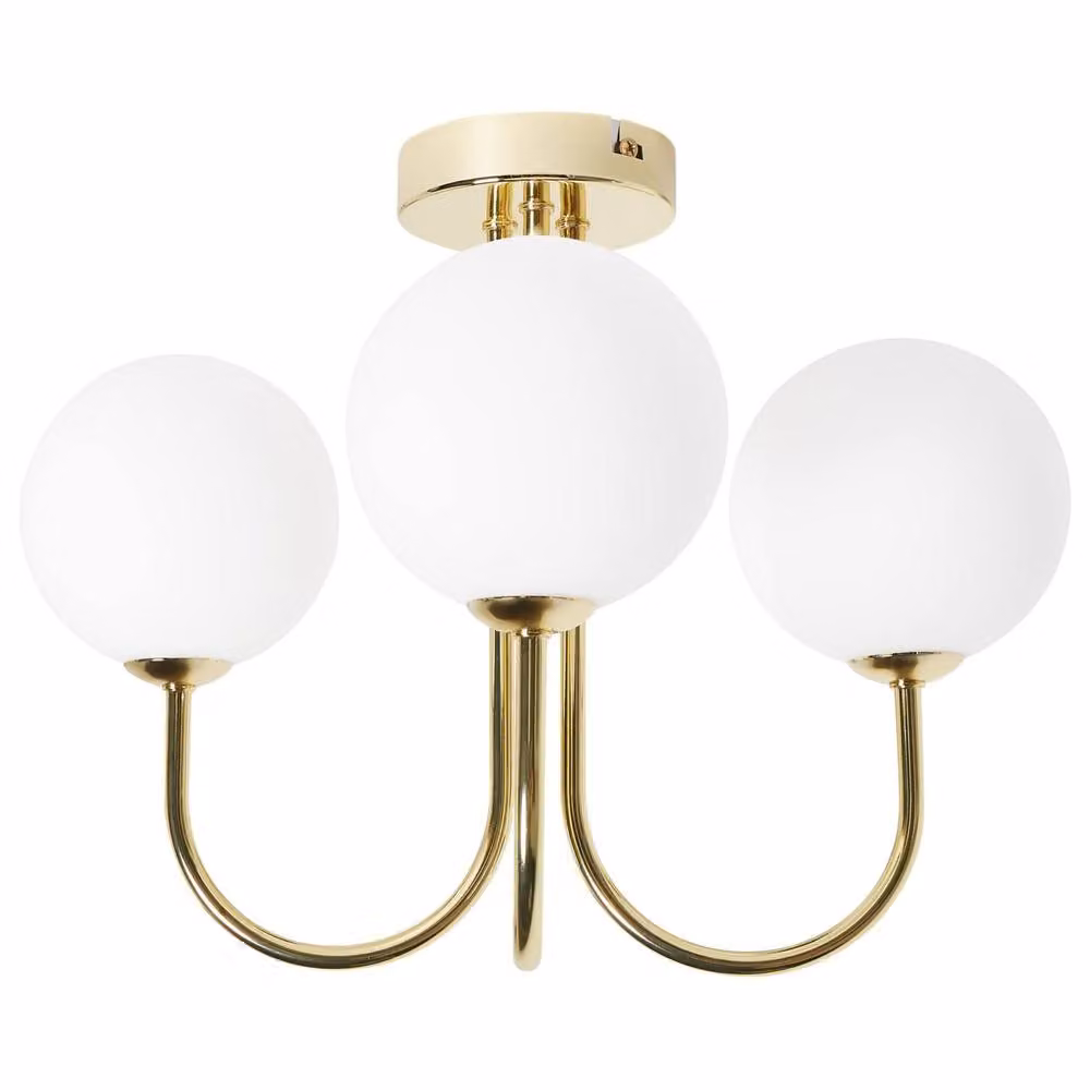 Wyld and Coco Three Light Ceiling Fixture with White Frosted Glass Spheres and Gold Metal Finish – 2