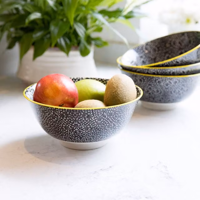 KitchenCraft Set of 4 Floral Ceramic Bowls in Black and White, W: 15.5 cm, D: 15.5 cm, H: 7.5 cm – 2