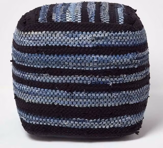 Homescapes Texas Blue Denim and Leather Striped Bean Filled Pouffe, W/D/H: 40 x 40 x 40 cm – 1