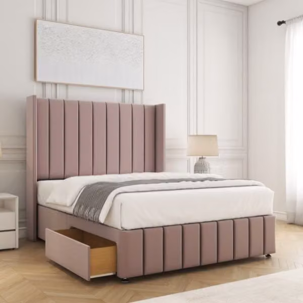 BSSPOKE Zoe Super King Divan Bed in Pink Plush Velvet with 54 inch Headboard, Footend and 2 Drawers