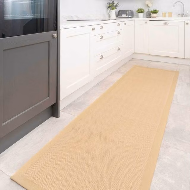 The Rug House Woven Jute and Cotton Herringbone Area Rug in Brown and Beige, W: 240 cm, D: 70 cm