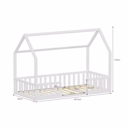 WestWood White Solid Pine Wood House Shaped Montessori Toddler Floor Bed Frame with Split Guard Rails, 90 x 190 cm – 2