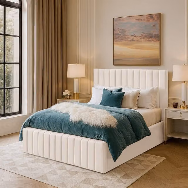 Desire Deco Emiliya Upholstered Velvet Bed Frame in Yellow and White, W/D/H: 120 x 200 cm