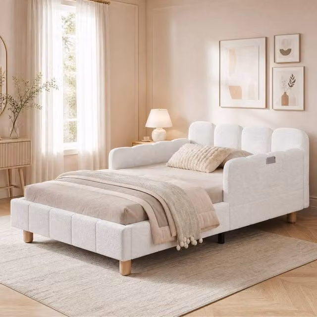 STILVORA 3ft Single Upholstered Bed Frame in Beige Bouclé with USB Charging Port and Side Compartments, W: 90 cm, D: 190 cm, H: 64 cm – 1