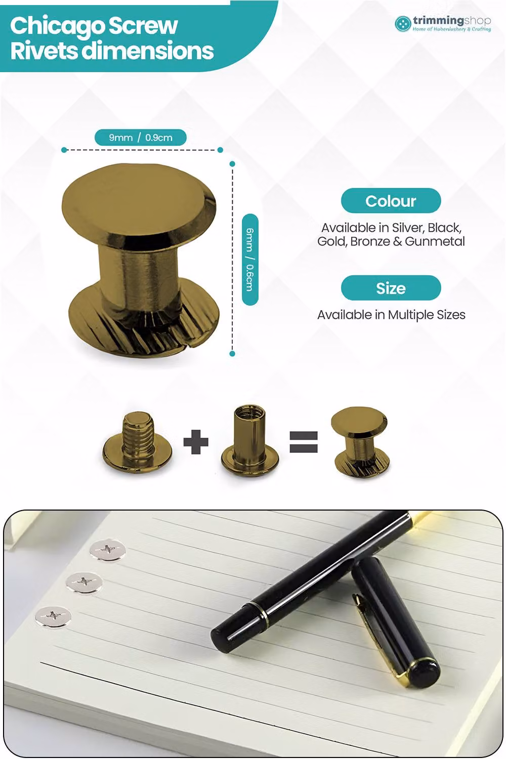 Neel Blue Bronze Brass Chicago Screw Rivets with Flat Countersunk Head, 10pcs, W: 9 mm, D: 6 mm – 2