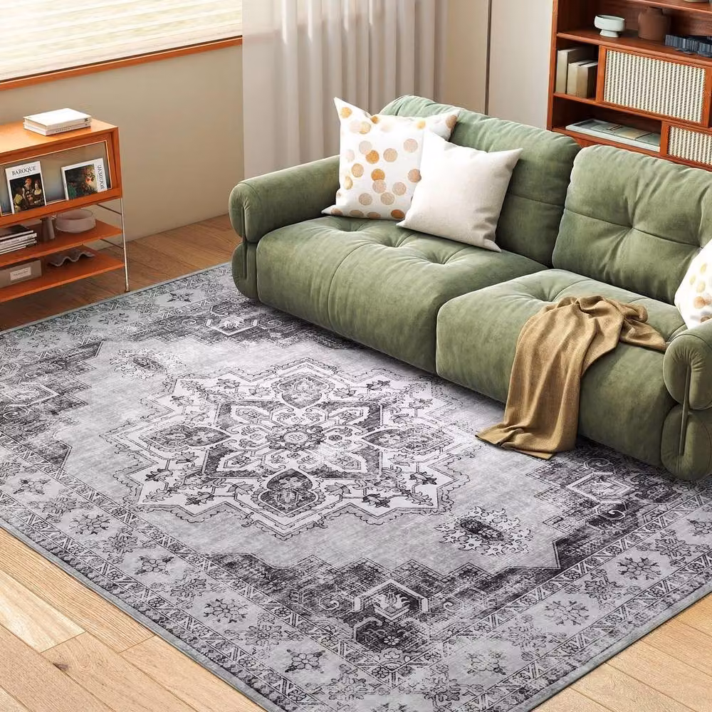 VOGREX Grey Flannel Non-Slip Washable Vintage Floral Rug, W: 290 cm, D: 200 cm – 3