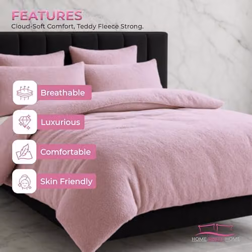 Home Sweet Home UK Teddy Bear Fleece Duvet Cover and Pillowcase Set, Pink, Single – 4