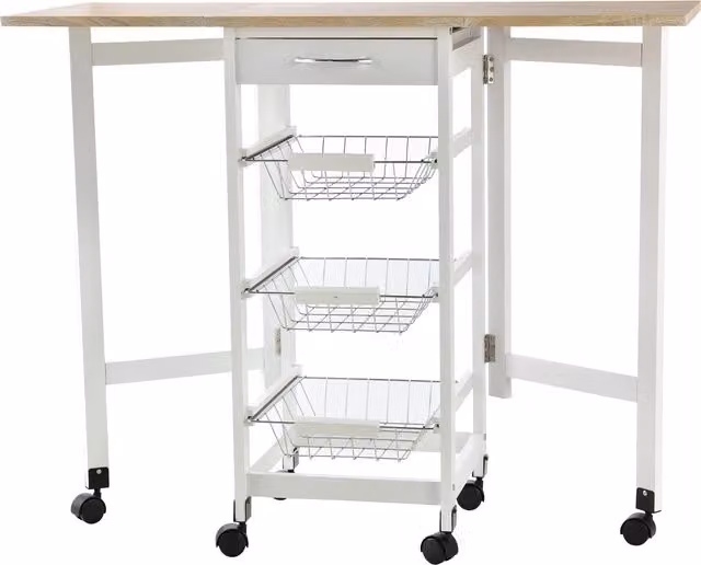 HOMCOM Drop-Leaf Kitchen Trolley with 3 Baskets and Rolling Storage Unit in White Oak Tone – 1