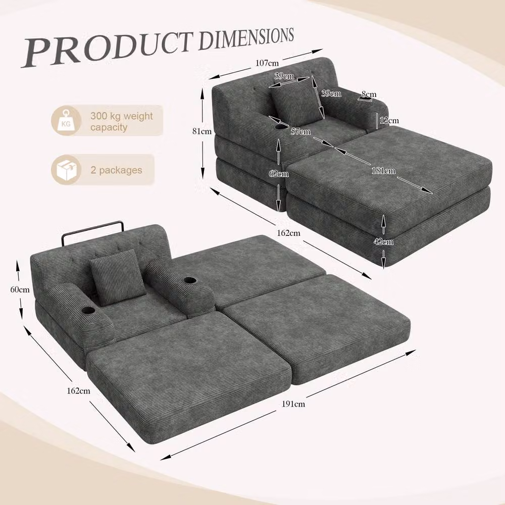Matteo Corduroy Convertible Sleeper Chair Sofa Bed with Ottoman, Dark Grey – 2
