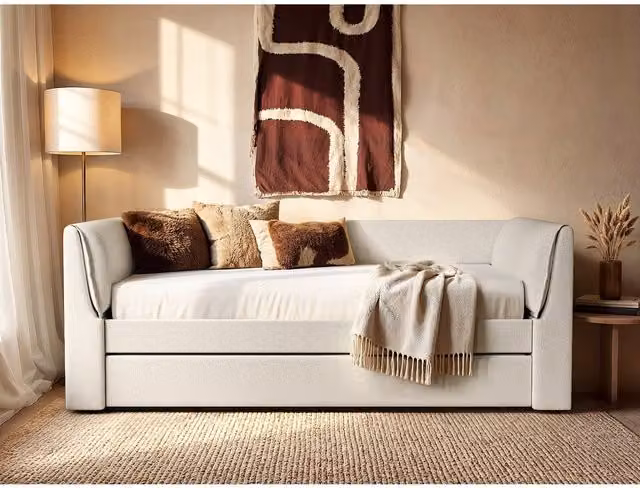 Flair Modern Upholstered Day Bed with Trundle in White or Beige, W: 90 cm, L: 200 cm