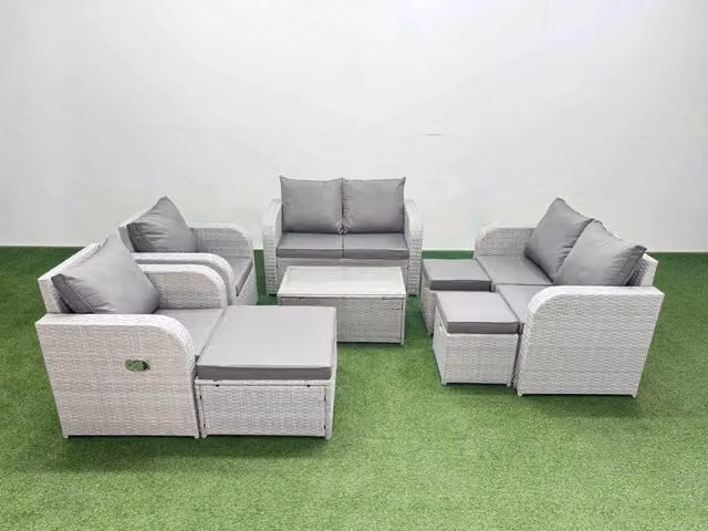 Fimous 9 Seater Rattan Garden Furniture Set in Light Grey with Reclining Chairs, U-Shape Sofa, Coffee Table and Ottomans