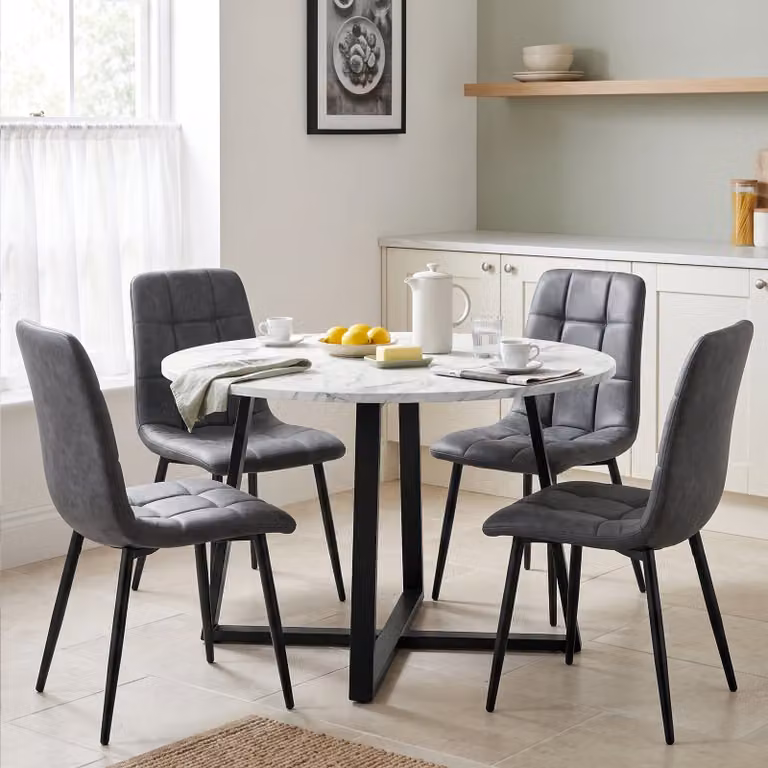 DHS Round Dining Table Set with 4 Chairs, White Marble Effect and Grey