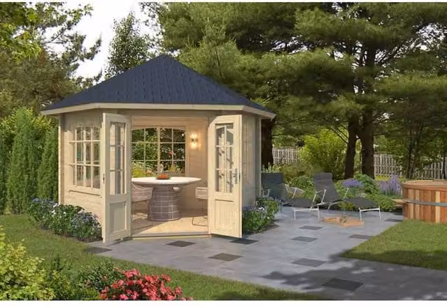 Lasita Maja Ltd Ilmenau Log Cabin Garden Room and Home Office in Beige, W: 420 cm, D: 363.7 cm, H: 306.7 cm