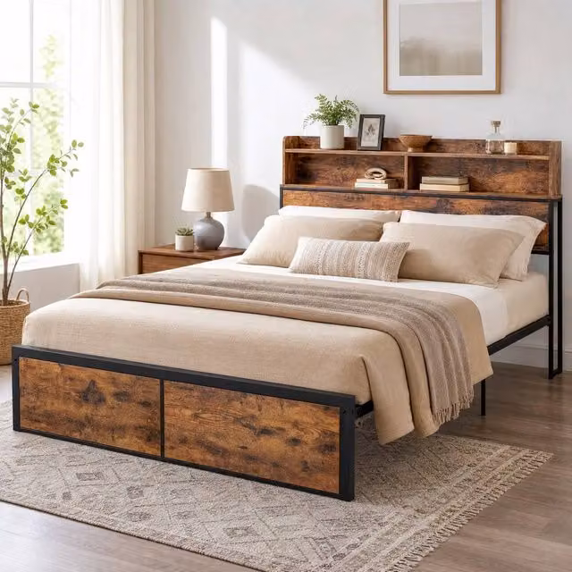 STILVORA Double Bed Frame with Storage Headboard and Side Compartments in Brown and Black – 1
