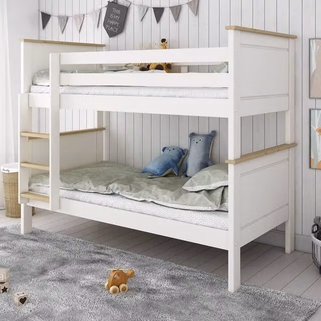Kids Avenue Heritage Two-Level Bunk Bed in White Solid Wood with Stairs