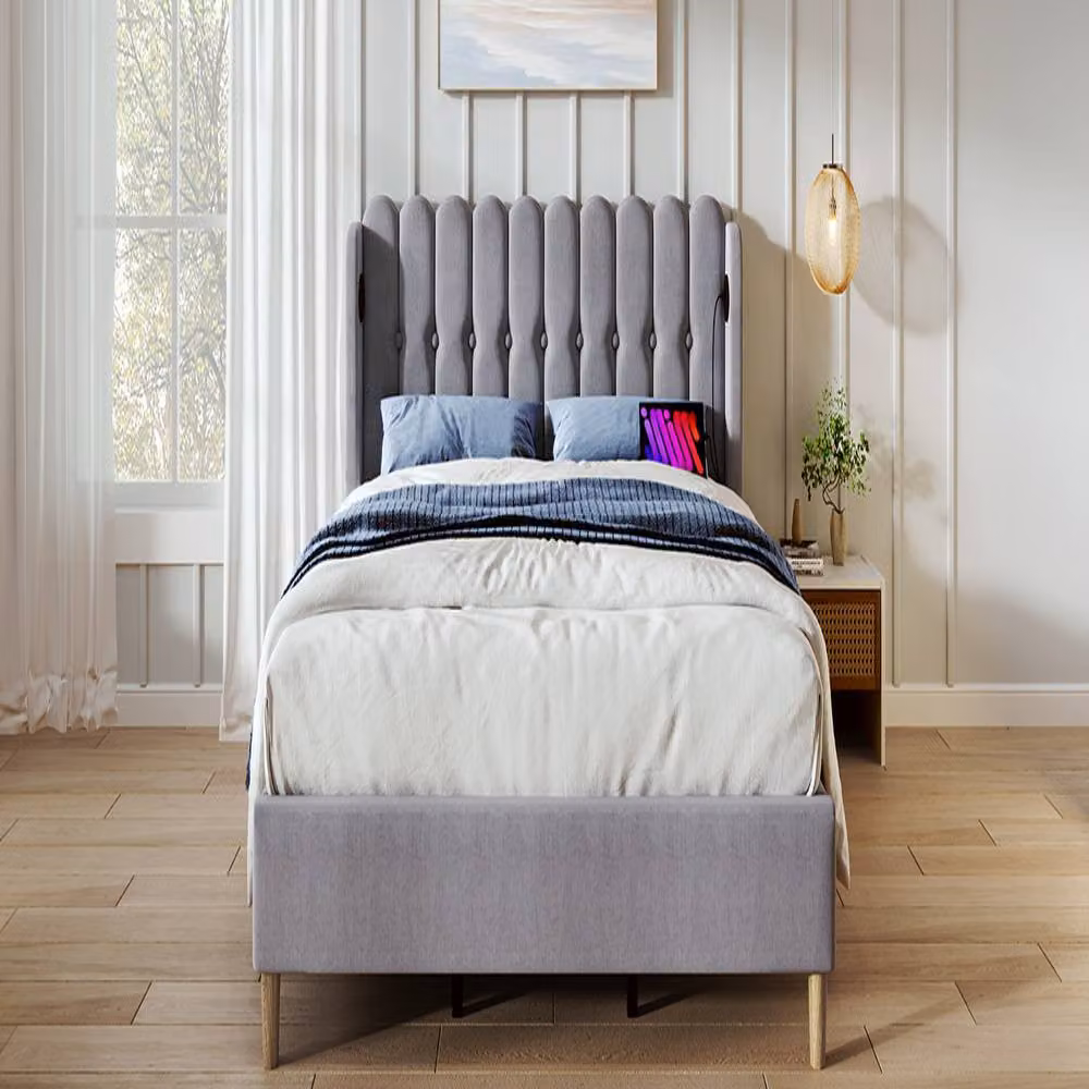 Rolipo Grey Linen Upholstered Double Bed Frame with USB Charging Ports, W/D/H: 140 x 200 cm – 4