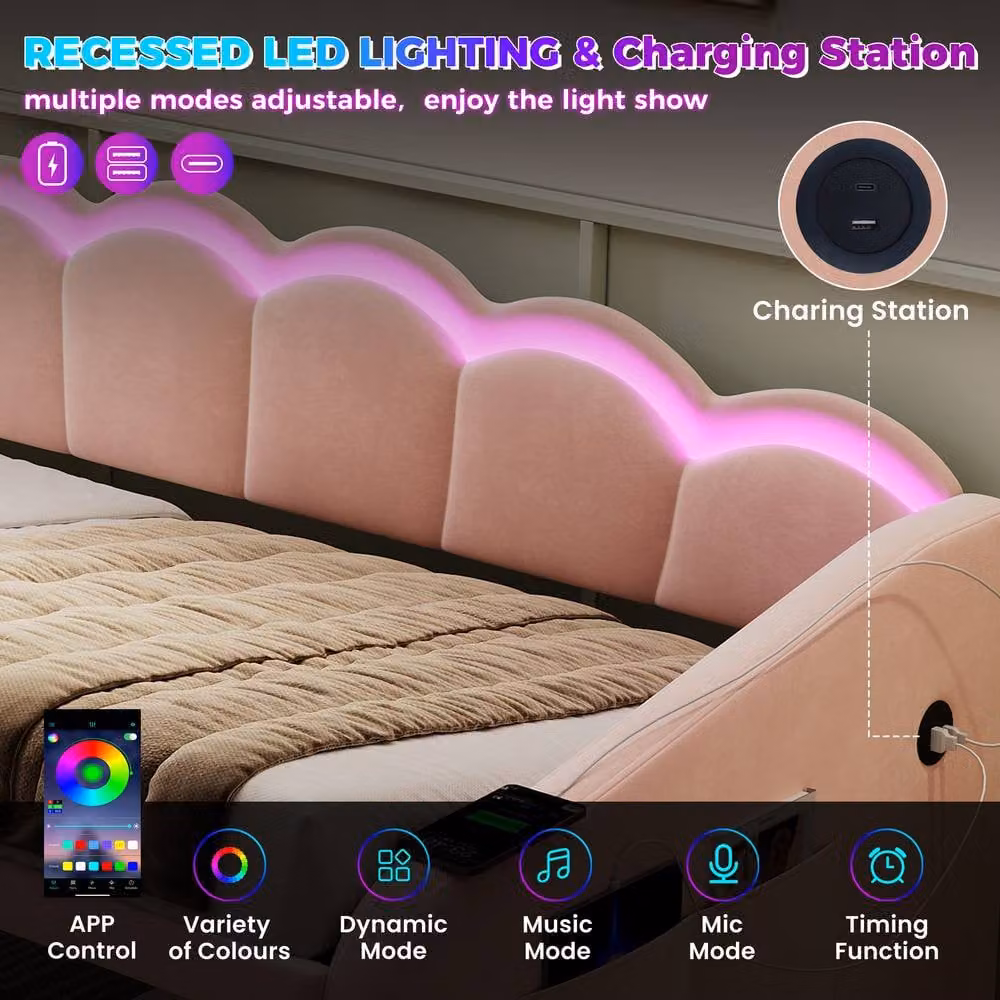 BTM Petal Daybed in Pink Velvet with RGB LED Under-Bed Lighting, USB Charging Port and Hydraulic Storage, W/D/H: 190 x 90 x 78 cm – 3