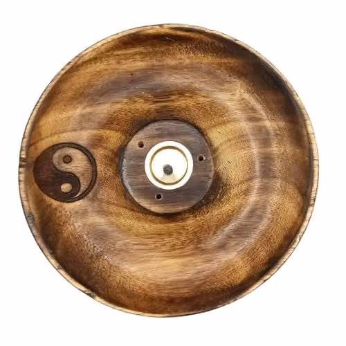 KDMD Yin & Yang Round Wooden Incense Stick and Cone Burner Disc in Brown