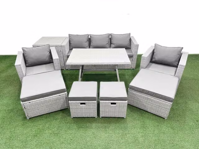 Fimous 9 Piece Outdoor PE Rattan Sofa Armchair Set with Side Table and 4 Stools in Light Grey
