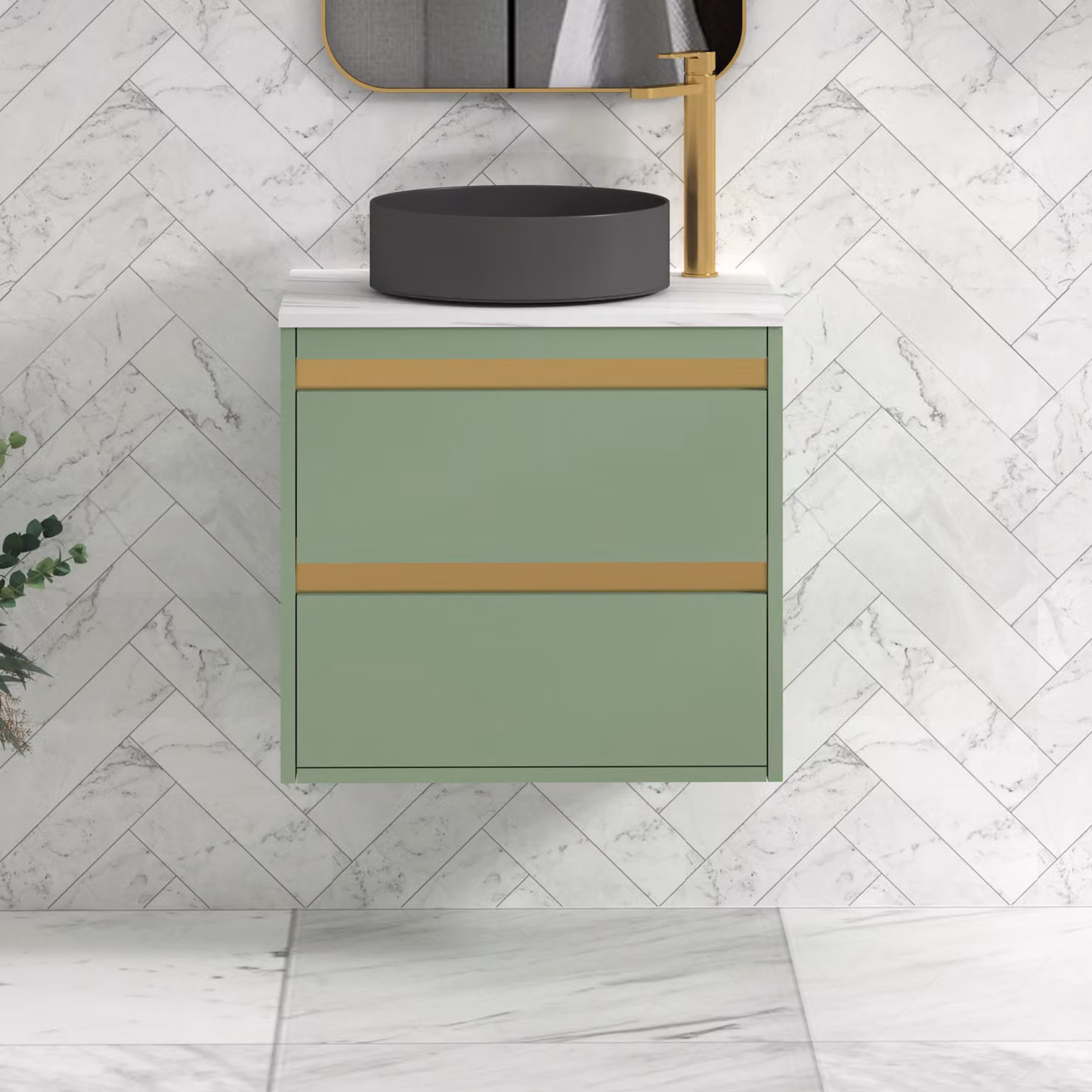 Royal Bathrooms Orion 600mm Wall Hung Mint Sage Vanity Unit with 2 Drawers, Art Round Basin and Brushed Brass Accent Trim
