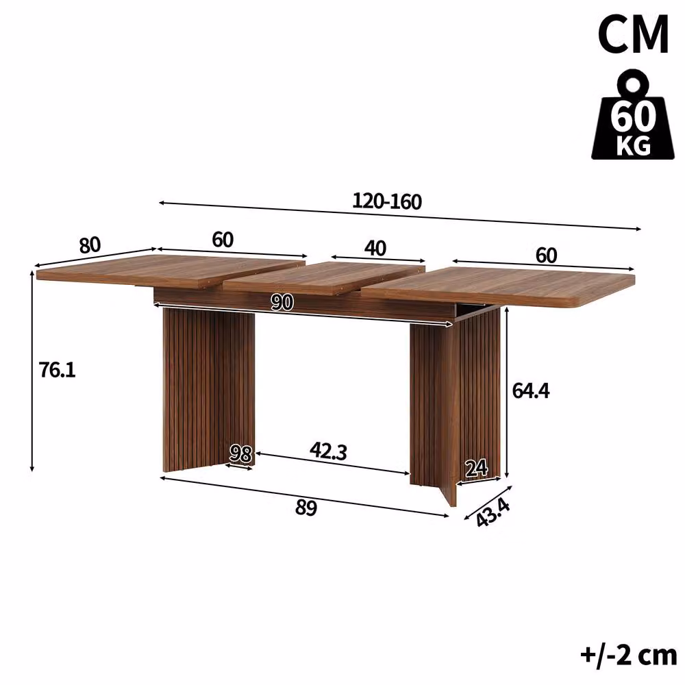 Merax Rectangular Extending Dining Table in Walnut with V-Leg Pedestal Base, W/D/H: 120-160 x 60 x 76.1 cm – 2
