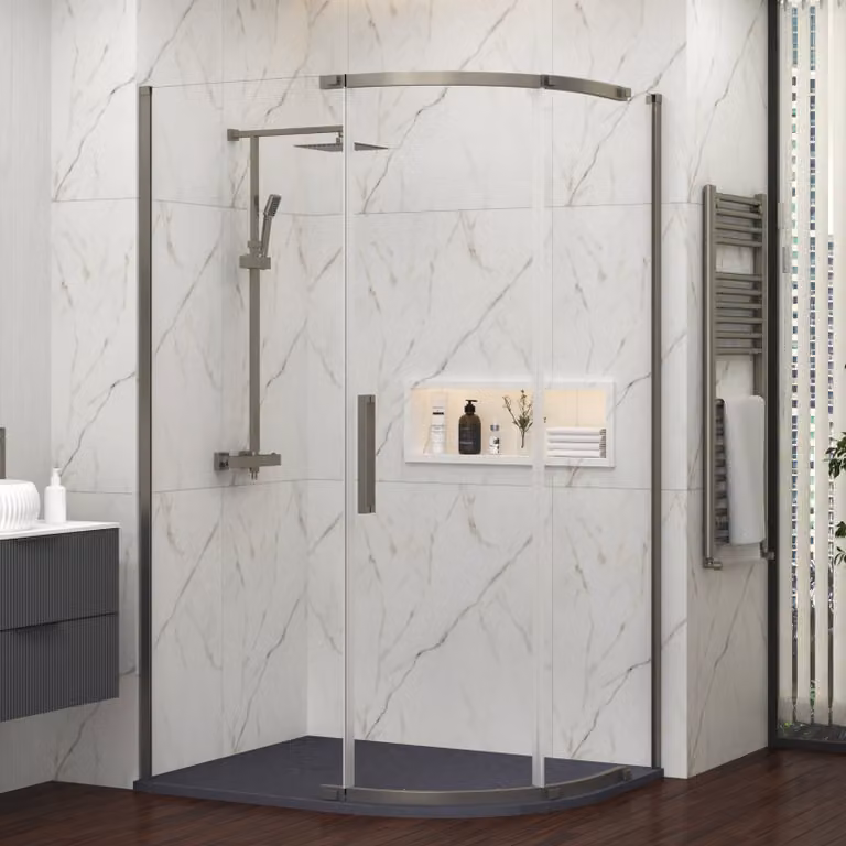 Royal Bathrooms Chelsea Single Door Offset Quadrant Shower Enclosure with Grey Stone Tray, Gun Metal Grey, W: 120 cm, D: 80 cm, H: 195 cm