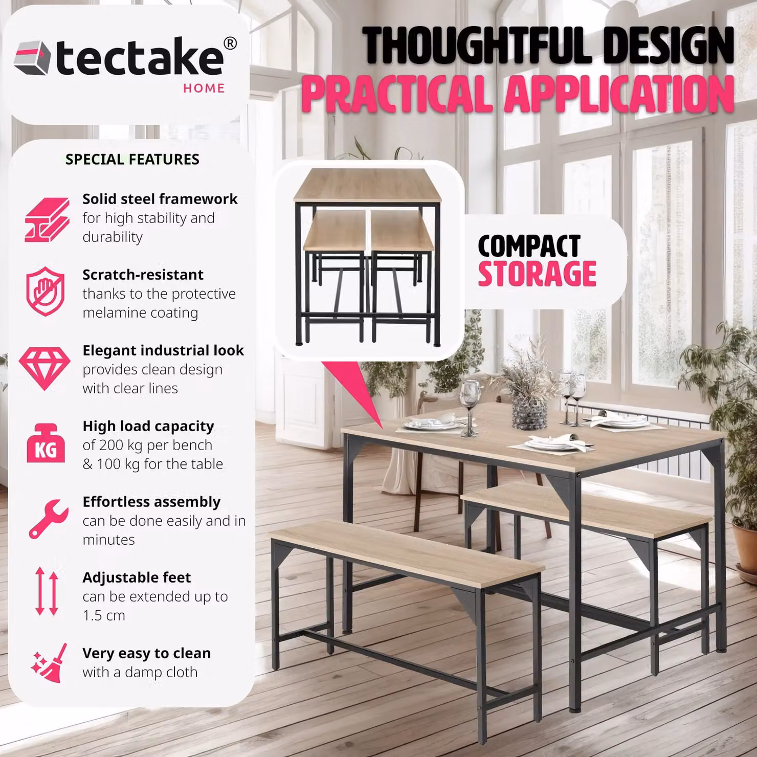tectake Bolton 3-piece Dining Table Set with 2 Benches in Light Oak – 2