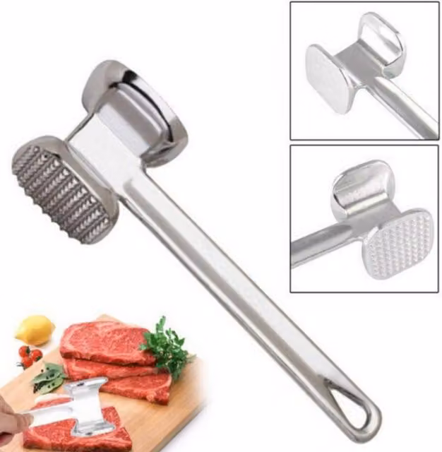 KDMK Silver Cast Aluminium Double Sided Meat Tenderizer Mallet Hammer, 22 cm