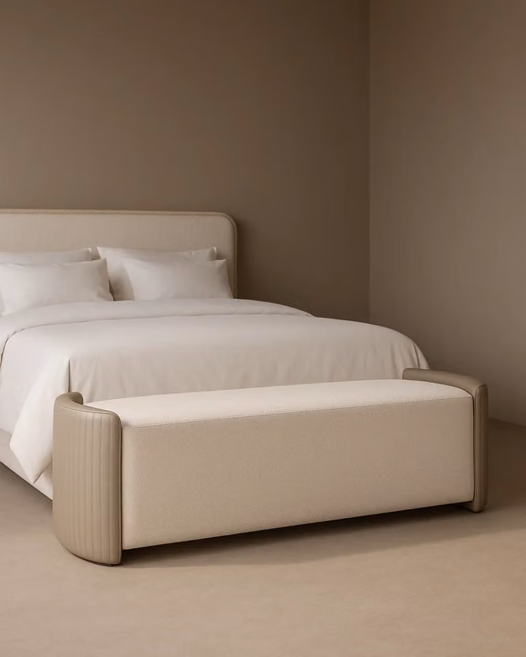 Tommy Franks Modern Straight Lobby Bench in Beige Bouclé Fabric, W/D/H: 148.5 x 48.5 x 48.5 cm