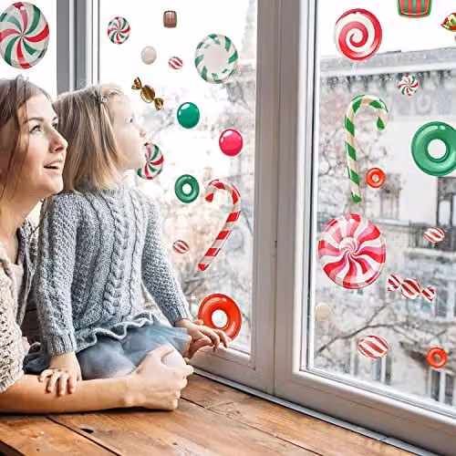 WALPLUS Reusable Double Sided Christmas Window Stickers with Peppermint Candy and Sweets Designs, 46 Pieces, Multicolour – 2