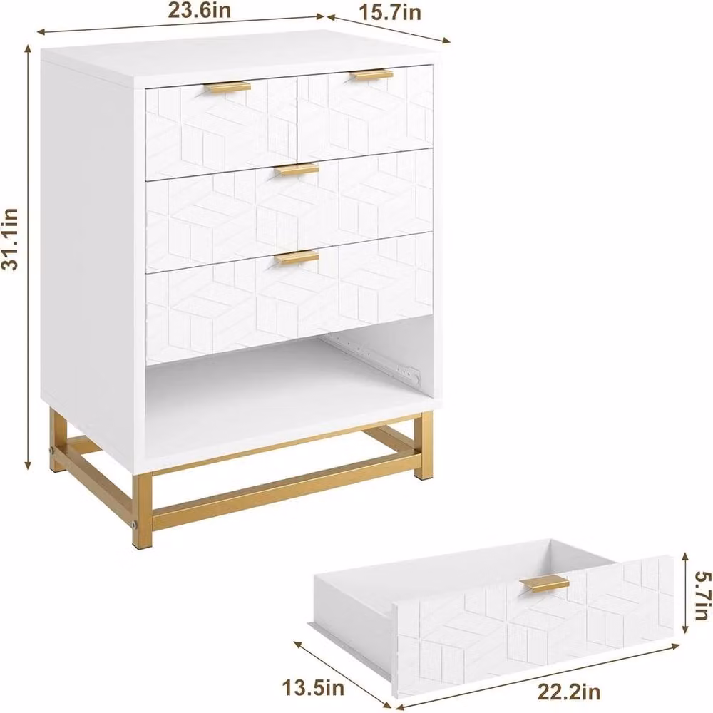 VOGREX Scandinavian Style White and Gold Geometric Chest of Drawers with Metal Accents – 2