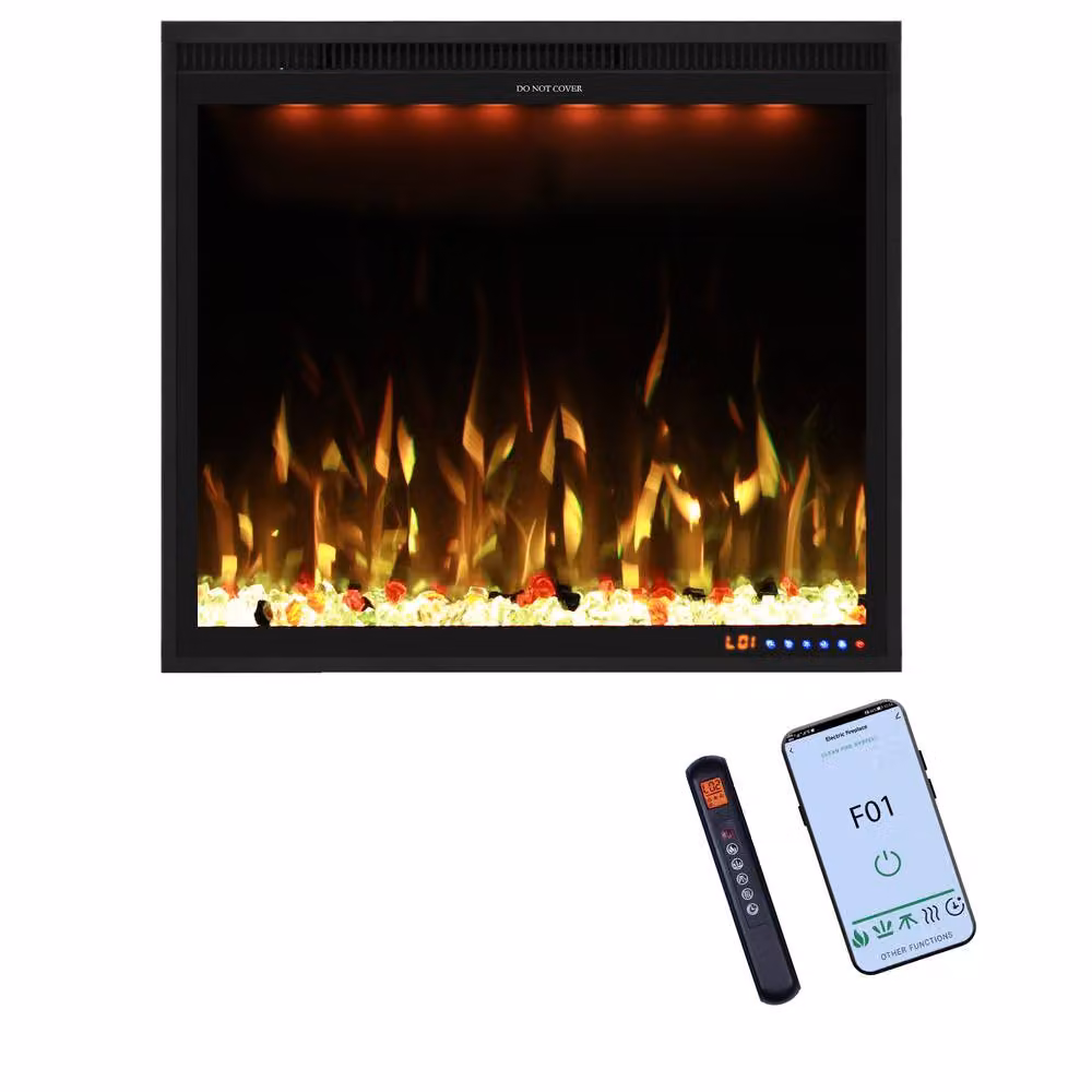 Omni-Burn Black Recessed or Wall Mounted Electric Fireplace with App Control, W/D/H: 78.74 x 16.02 x 67.56 cm – 2