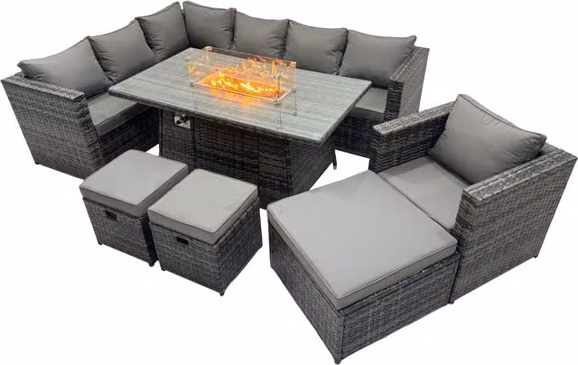 Fimous 10-Seater Rattan Garden Furniture Set with Gas Firepit Table in Dark Grey
