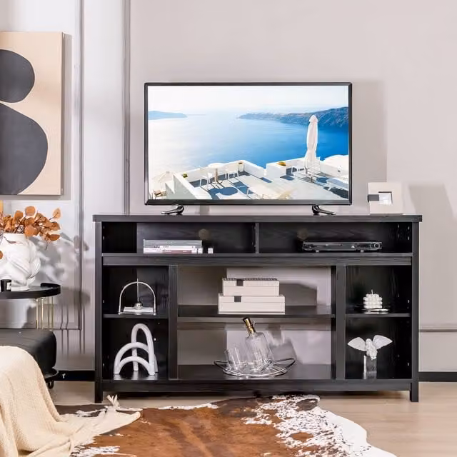 Costway Modern Fireplace TV Stand Media Console Table in Black with Adjustable Shelf for TVs up to 65 inch – 1