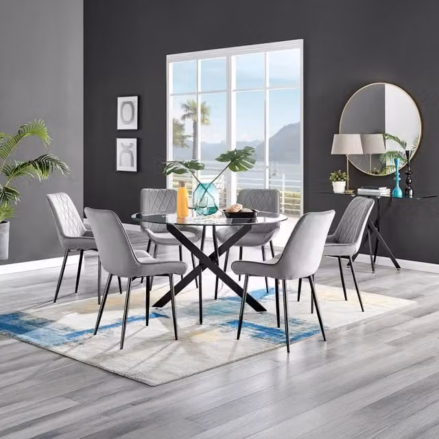 FurnitureboxUK Novara Round Glass Dining Table with 6 Pesaro Grey Chairs and Black Legs, Diameter: 120 cm