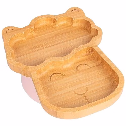 Tiny Dining Divided Bamboo Baby Plate with Suction Cup in Pink and Brown