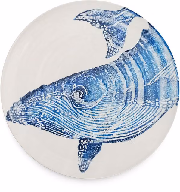 BlissHome Creatures Ceramic Round Platter with Blue Whale Design, White, Diameter: 37 cm