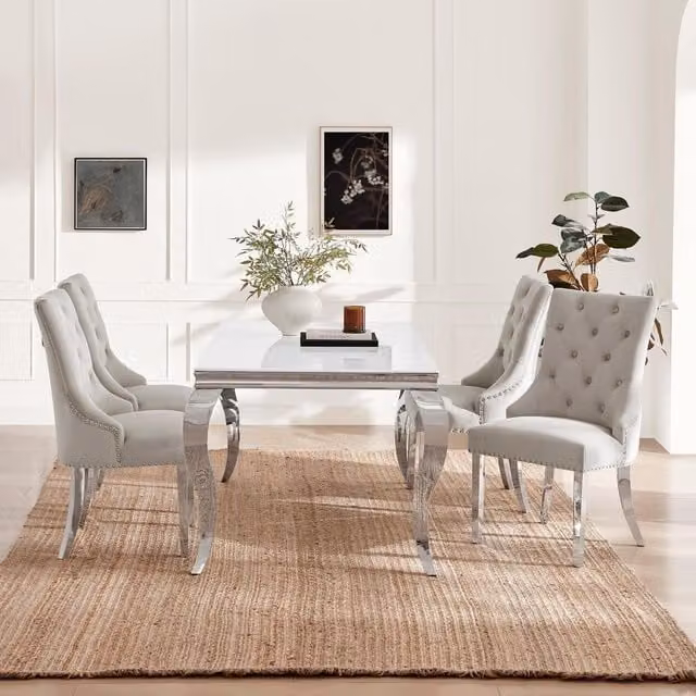 FurnitureboxUK Skye Rectangle White Marble Effect Dining Table and 4 Grey Velvet Belgravia Chairs Set