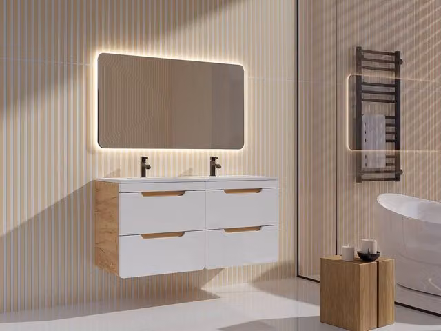 Vente-unique Aruba Wall-Mounted Vanity Unit in Light Oak and White, W: 120 cm, D: 46 cm, H: 59 cm