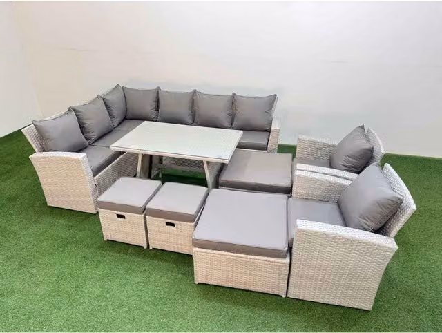 Fimous 12-Seater Outdoor Rattan Corner Sofa and Dining Set in Light Grey Mixed with Dark Grey Fabric