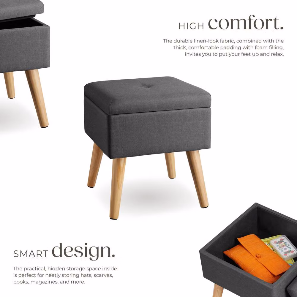 tectake Elva Padded Stool with Storage Space in Dark Grey Linen Look – 3