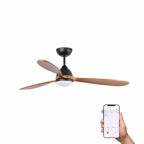 Netlighting Poros Large 3 Blade Smart Ceiling Fan in Black and Brown Wood with 2700K Warm White Light – 1