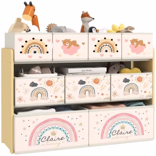 AIYAPLAY Kids Toy Storage Unit 3-Tier Toy Organiser Shelf with 9 Boxes, Yellow – 1